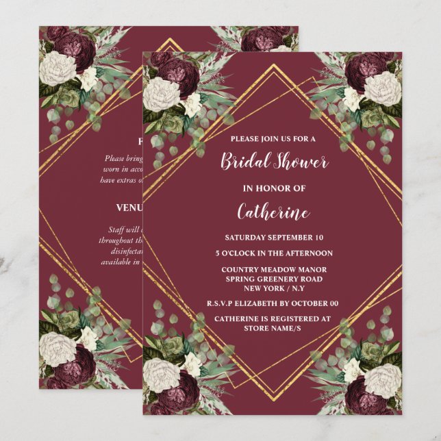 Convites Floral de rosa de ouro borgonhado (Frente/Verso)