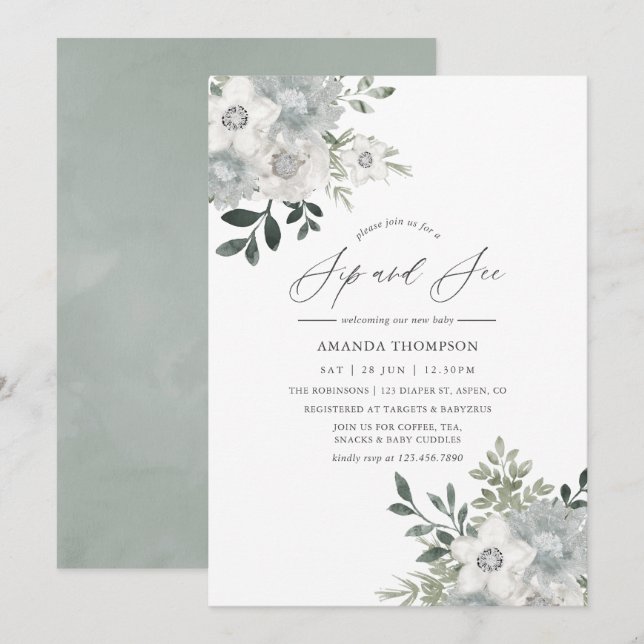 Convites Floral de Salgueiro Prateado em Aquarela para Brin (Frente/Verso)