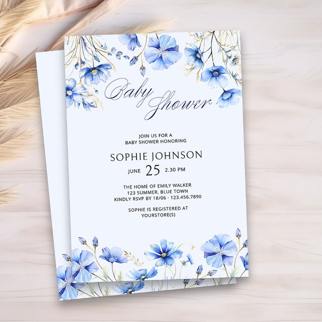 Convites Floral de Verão Elegante Chá de fraldas Azul (Blue Floral Baby Shower Invitation)