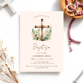 Convites Floral de Wooden Cross Watercolor | Baby Baptism