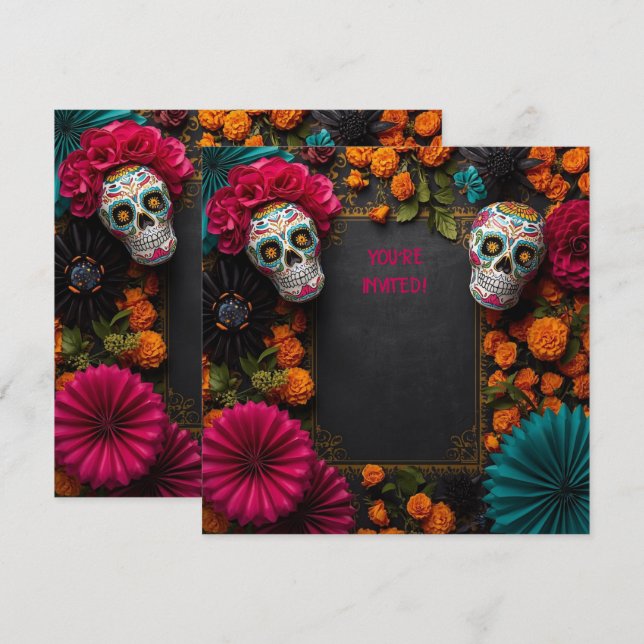Convites Floral dia de los muertos - crânio (Frente/Verso)