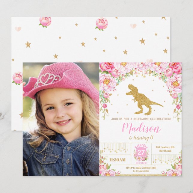 Convites Floral Dinossaur Birthday Girl T-Rex Foto (Frente/Verso)