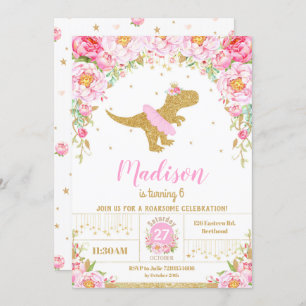 Convites Floral Dinossaur Birthday Invitation Girl T-Rex