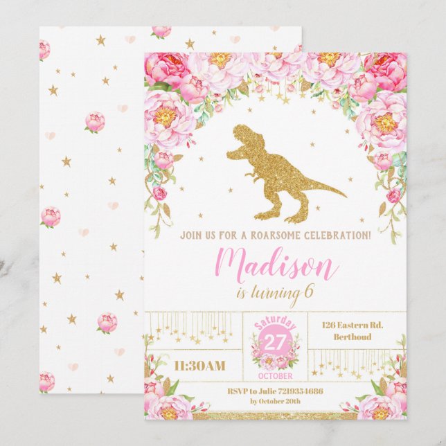 Convites Floral Dinossaur Birthday Invitation Girl T-Rex (Frente/Verso)