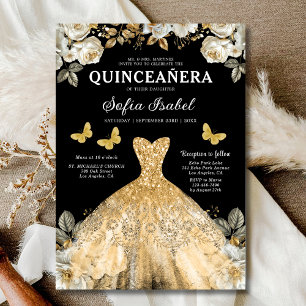 Convites Floral Dourada Borboleta Negra Princesa Quinceaner