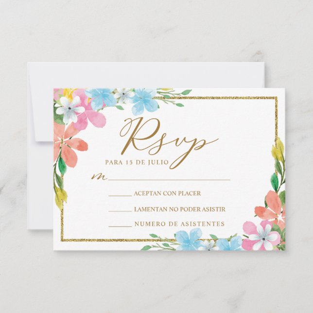 Convites Floral Dourada Border Nuestra Boda Wedding RSVP (Frente)