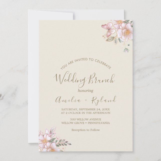 Convites Floral Dourada | Brunch de Casamento Creme e Doura (Frente)