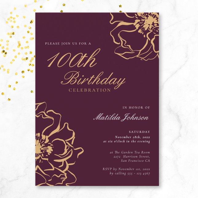 Convites Floral Dourada Burgundy 100º Aniversário (Floral Gold Burgundy 100th Birthday Invitation)