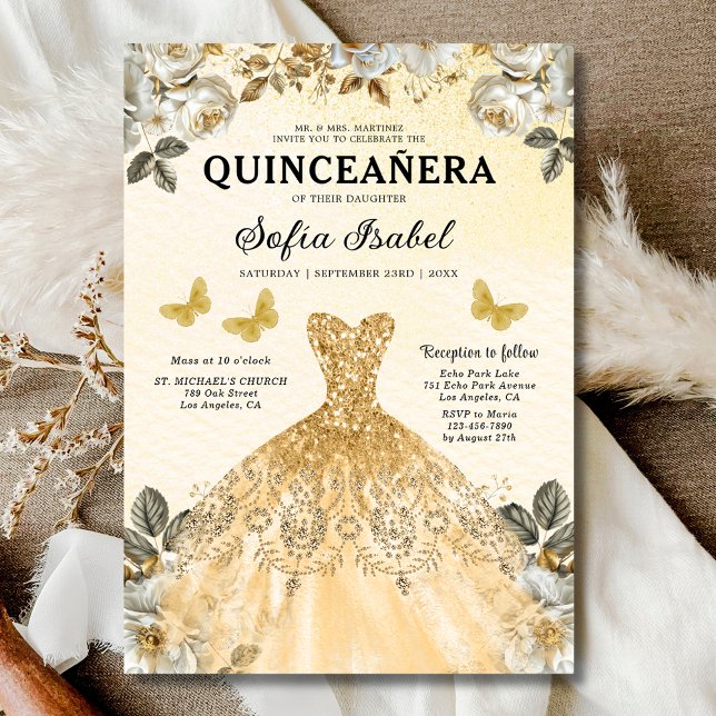 Convites Floral Dourada Butterfly Princess Quinceanera (Criador carregado)
