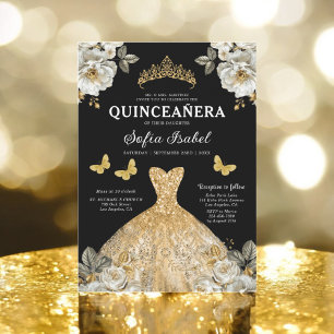 Convites Floral Dourada Butterfly Princess Quinceanera