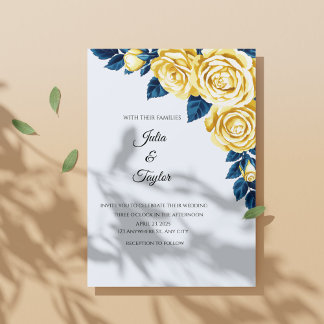 Convites Floral Dourada Com Ramos Azuis