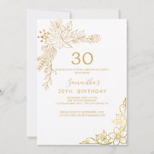Convites Floral Dourada Creme e Dourado Aniversário de 30