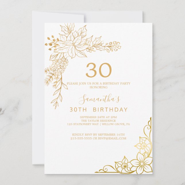 Convites Floral Dourada | Creme e Dourado Aniversário de 30 (Frente)