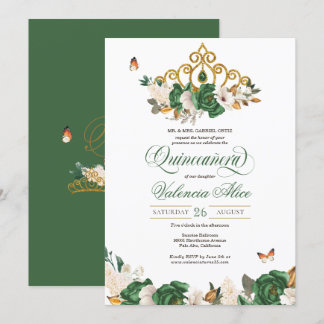 Convites Floral Dourada e verde Tiara Butterfly Quinceañera