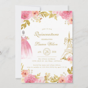 Convites Floral Dourada Rosa Paris Chic Quinceanera