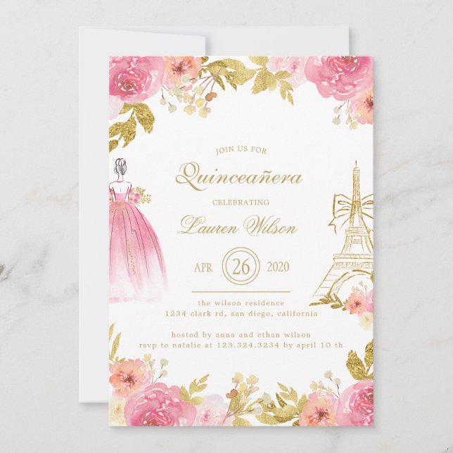 Convites Floral Dourada Rosa Paris Chic Quinceanera (Frente)