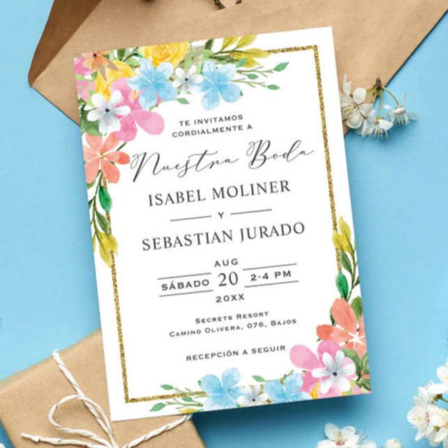 Convites Floral Dourado Border Nuestra Boda Casamento Espan (Criador carregado)