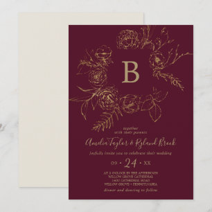 Convites floral dourado Borgonha & casamento do monograma