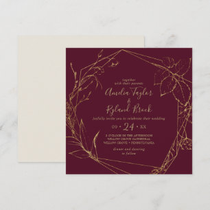 Convites   floral dourado Borgonha & casamento geométrico