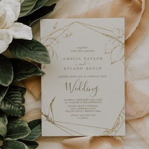 Convites Floral Dourado Casamento Creme e Dourado