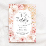 Convites Floral Dourado Cor-de-rosa-aniversário de 40 anos<br><div class="desc">Convite de festas de aniversário de 40 anos floral de aquarelas. Bonita design feminina elegante com sotaques botânicos tropicais pintados à mão e folhagem dourada. Possui delicadas orquídeas aquáticas, rosas, peônias, folhas de bananas secas, capim de pampas e fonte de tipografia de tendência. Você pode escolher convites impressos e/ou fazer...</div>