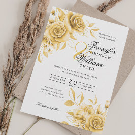 Convites Floral Dourado de Casamento de Script Elegante com