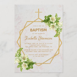 Convites Floral Dourado Lírios Brancos Marble Baptism Geomé
