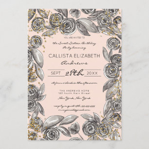 Convites Floral Dourado Preto Confetti Watercolor Sweet 16