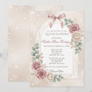 Convites Floral Dourado Rosa Empoeirada Laço Flocos de Neve