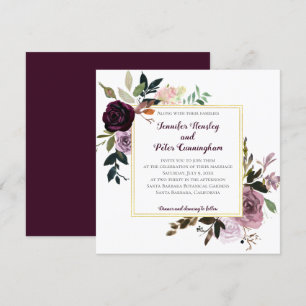 Convites Floral Dourado Rosa Lavanda  Casamento Quadrado