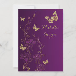Convites Floral Dourado Roxo com Borboletas Bat Mitzvah