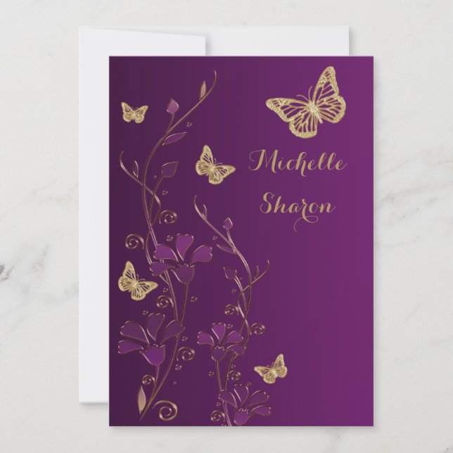Convites Floral Dourado Roxo com Borboletas Bat Mitzvah (Frente)