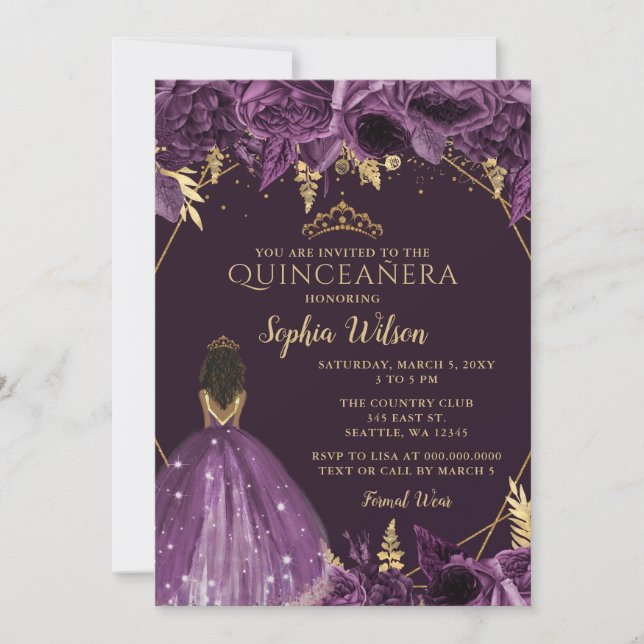 Convites Floral Dourado Roxo, Princesa Quinceañera (Frente)