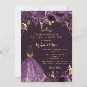 Convites Floral Dourado Roxo, Princesa Quinceañera