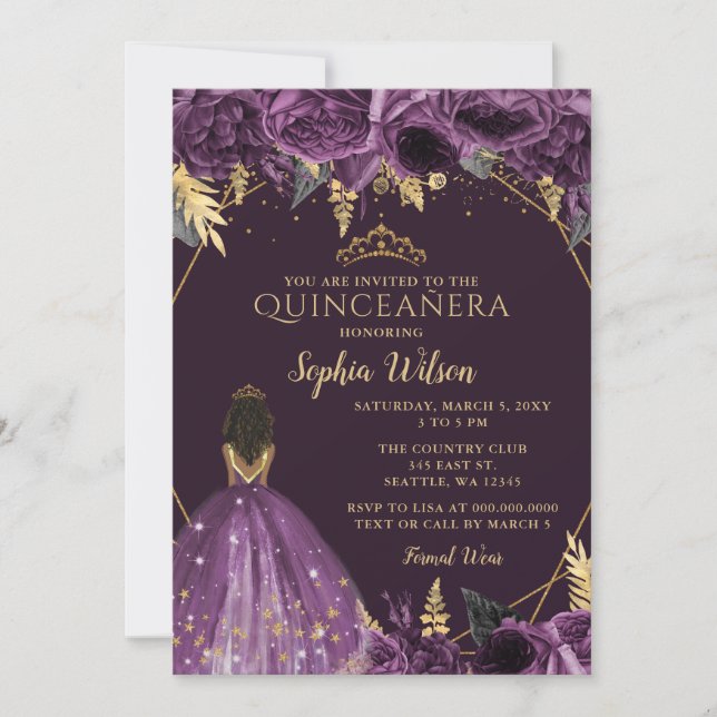 Convites Floral Dourado Roxo, Princesa Quinceañera (Frente)