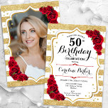 Convites Floral Dourado White Rosa vermelha Foto 50º Aniver<br><div class="desc">Elegante, floral, 50º aniversário feminino com sua foto no final do cartão. Glam branco, design vermelho com ouro brilhante. Recursos stripes, rosa vermelha, fonte de script e confetti. Perfeito para uma festa de comemoração de na moda adulto. Personalize com seus próprios detalhes. Pode ser personalizado para qualquer idade! Impressos convites...</div>