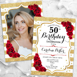 Convites Floral Dourado White Rosa vermelha Foto 50º Aniver