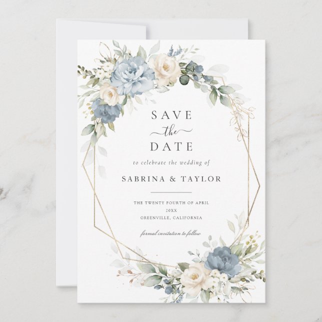 Convites Floral Dusty Blue Greenery Casamento Salvar Data (Frente)