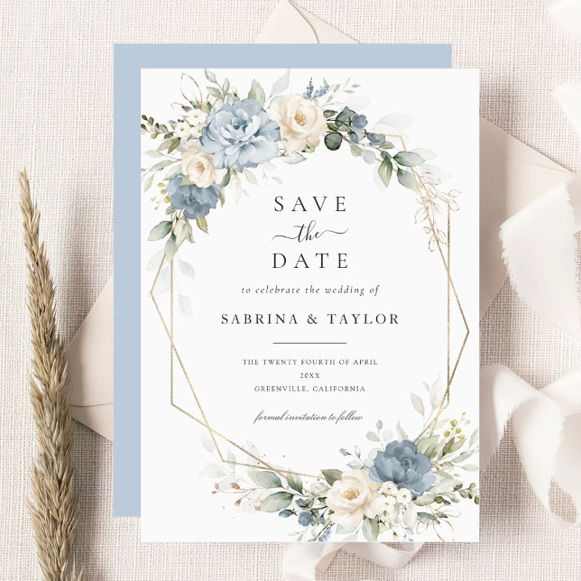 Convites Floral Dusty Blue Greenery Wedding Save The Date (Criador carregado)