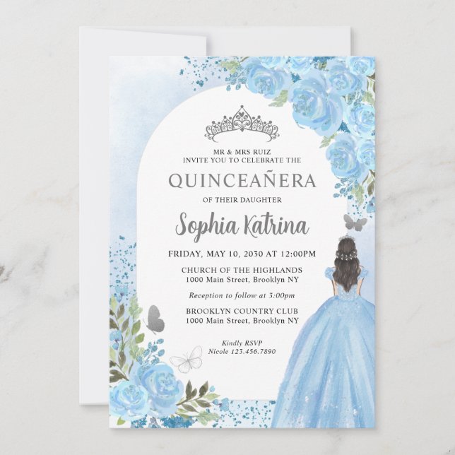 Convites Floral Dusty Blue Princesa Birthday Quinceanera (Frente)