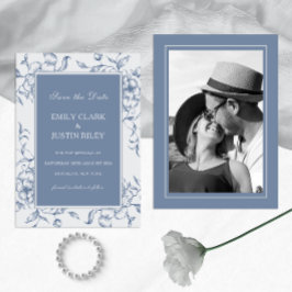 Convites Floral Dusty Blue Salve a data Foto Casamento