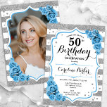 Convites Floral Dusty Blue Silver Foto 50º Aniversário<br><div class="desc">Elegante, floral, 50º aniversário feminino com sua foto no final do cartão. Design azul-aqua, branco-vírgula, empoeirado, com prata brilhante. Apresenta faixas, rosas de turquesa azul-claro, fonte de script e confetti. Perfeito para uma festa de comemoração de na moda adulto. Personalize com seus próprios detalhes. Pode ser personalizado para qualquer idade!...</div>