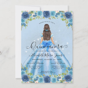 Convites Floral Dusty Blue Silver Glam Princesa Quinceanera