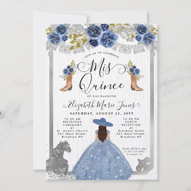 Convites Floral Dusty Blue Silver Horse Charra Quinceanera (Frente)