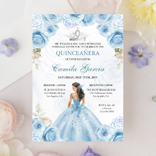 Convites Floral Dusty Blue & Silver Princess Quinceañera