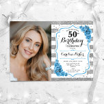 Convites Floral Dusty Blue Silver White Foto 50º Aniversári<br><div class="desc">Elegante convite floral feminino para o 50º aniversário com sua foto. Design azul esbranquiçado, branco e poeirento com prata brilhante. Apresenta faixas, rosas leves de turquesa, fontes de script e confetti. Perfeito para uma festa de comemoração de na moda adulto. Personalize com seus próprios detalhes. Pode ser personalizado para qualquer...</div>