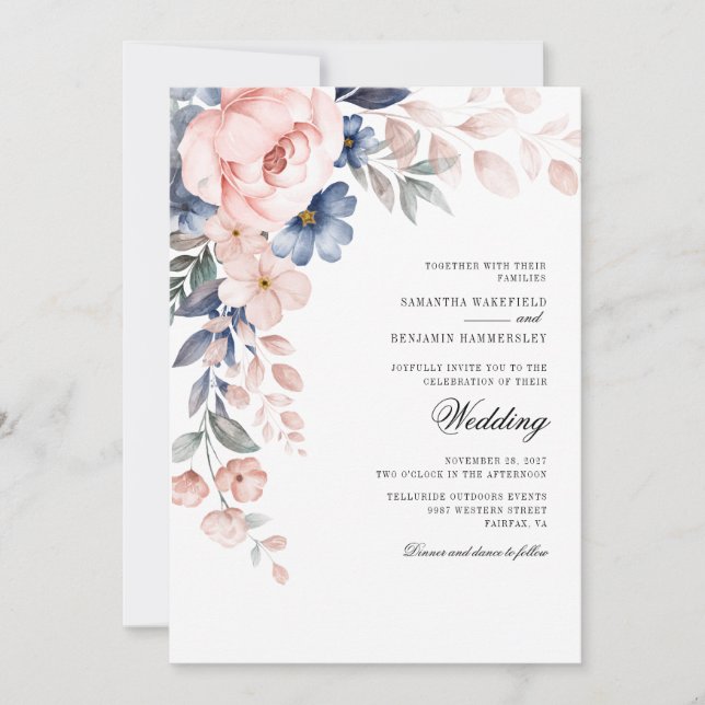 Convites Floral Dusty Blue Watercolor Bloom Wedding (Frente)
