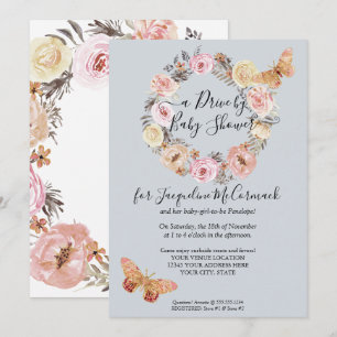 Convites Floral Dusty Blue Wreath Butfly Drive Por Chá
