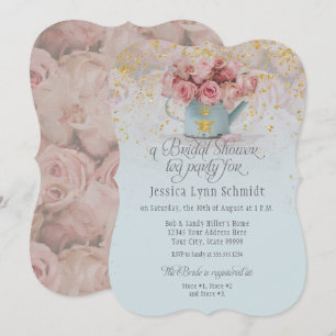 Convites Floral Dusty Rosa Dourado Chá de panela Azul Chá