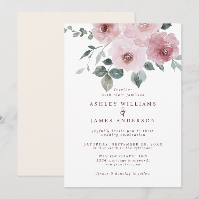 Convites Floral Dusty Rosa Rosa Burgundy Casamento de Marfi (Frente/Verso)